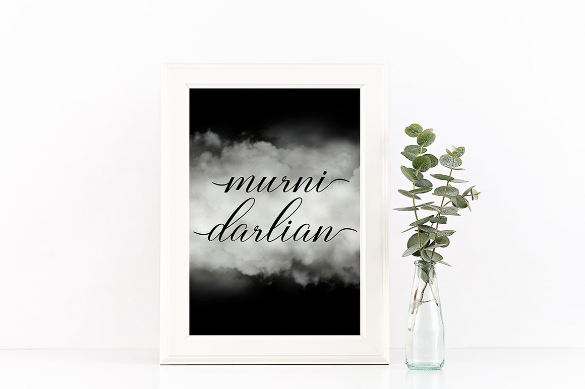 Poster in white frame and with dark clouds.