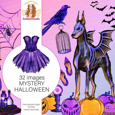Magic Clipart Set of Purple Halloween 32 Png Files Example.