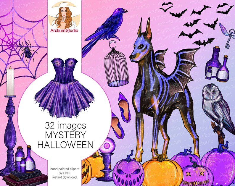 Purple magic fairy-tail with bats, unicorn and pumpkins. 