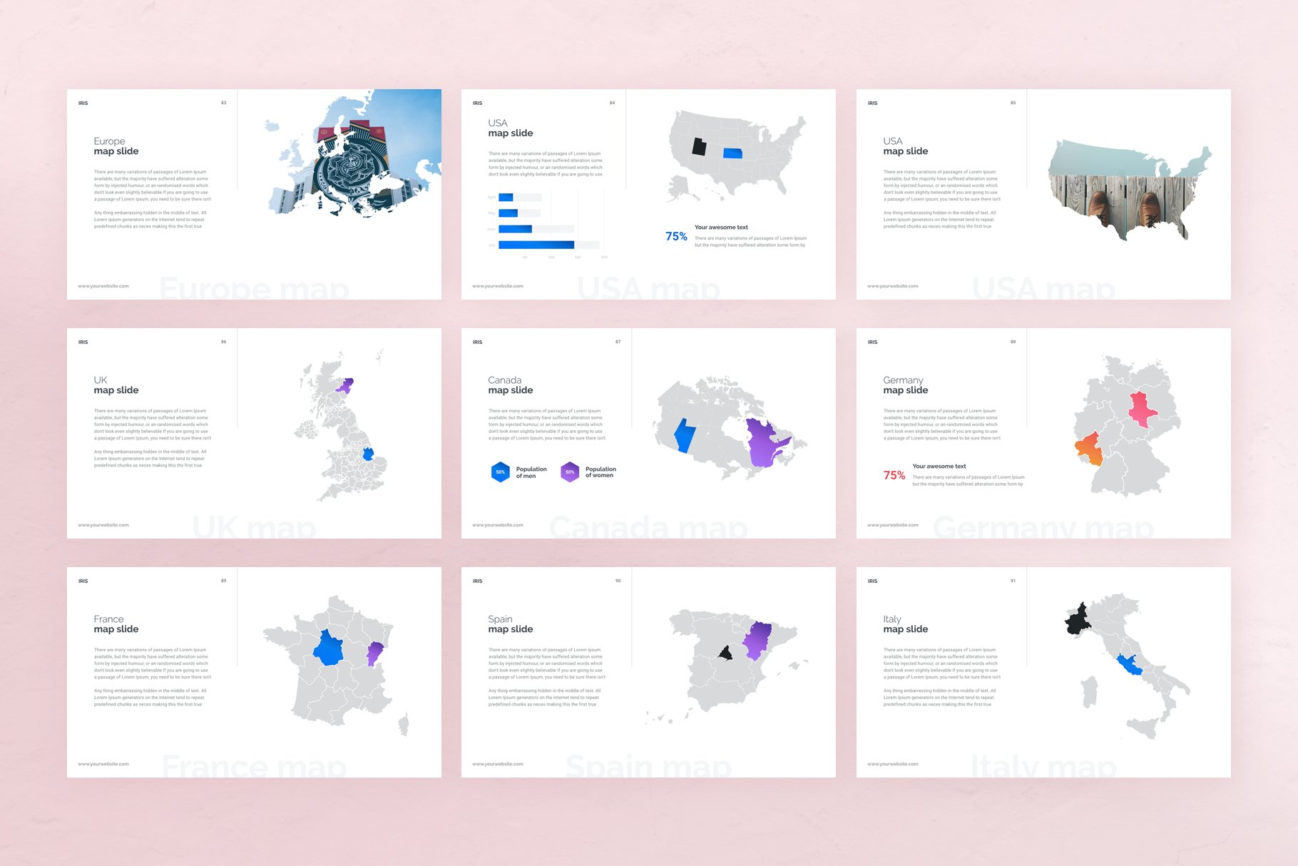 In your presentation, you can use maps of different countries and content for visualization.