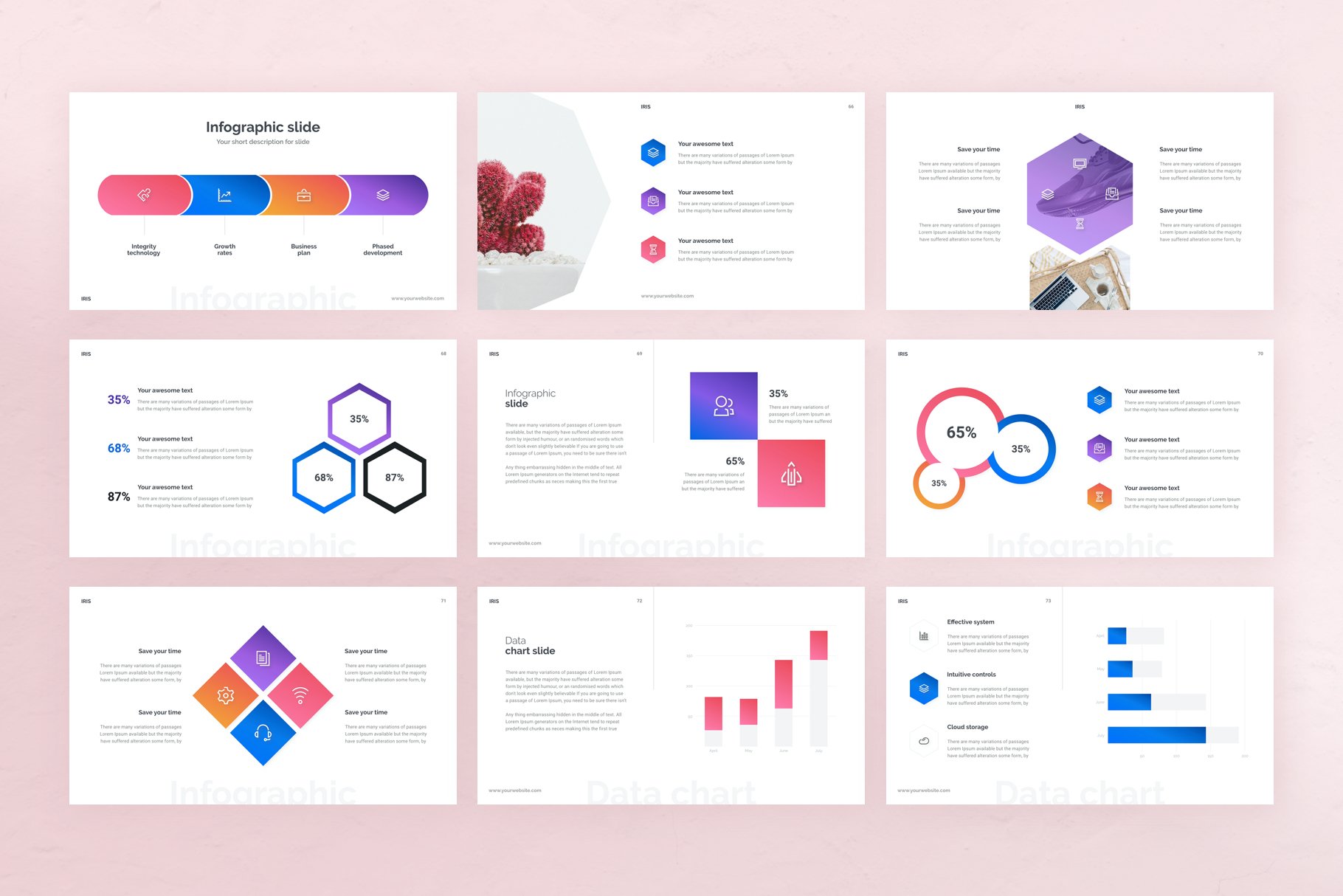 The template collection includes infographics in different colors, which help to convey information in an easy and simple way.