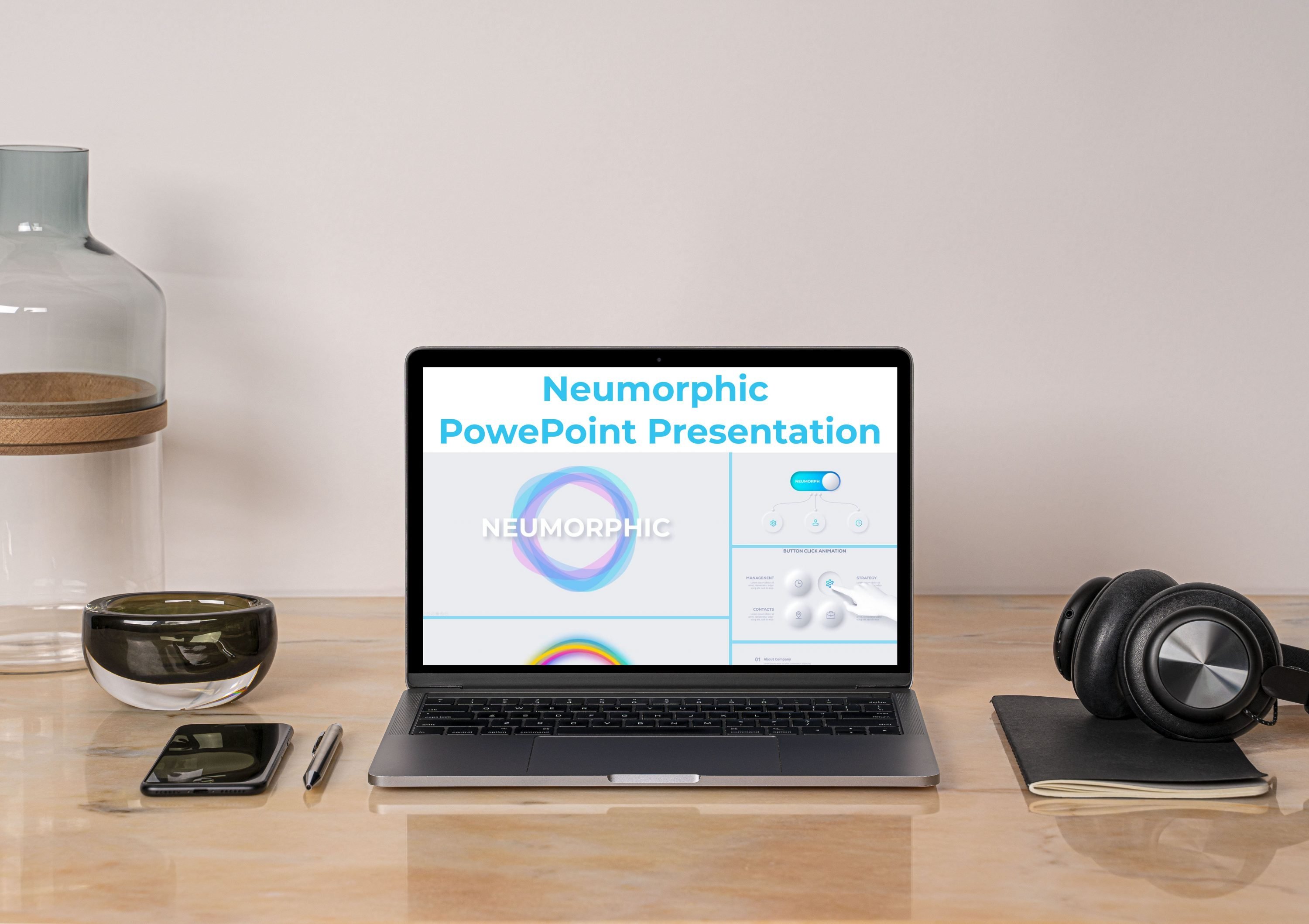 Laptop option of the Neumorphic PowePoint Presentation.