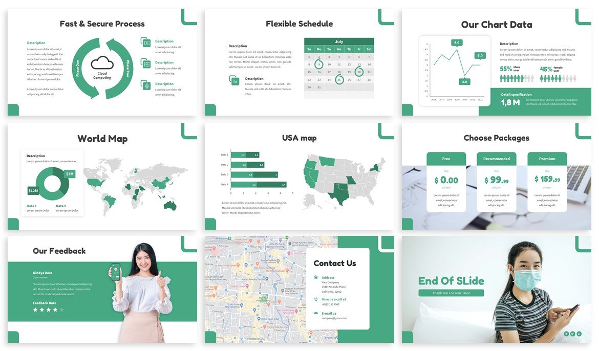 Also template includes maps, infographics and diagrams in themed colors.