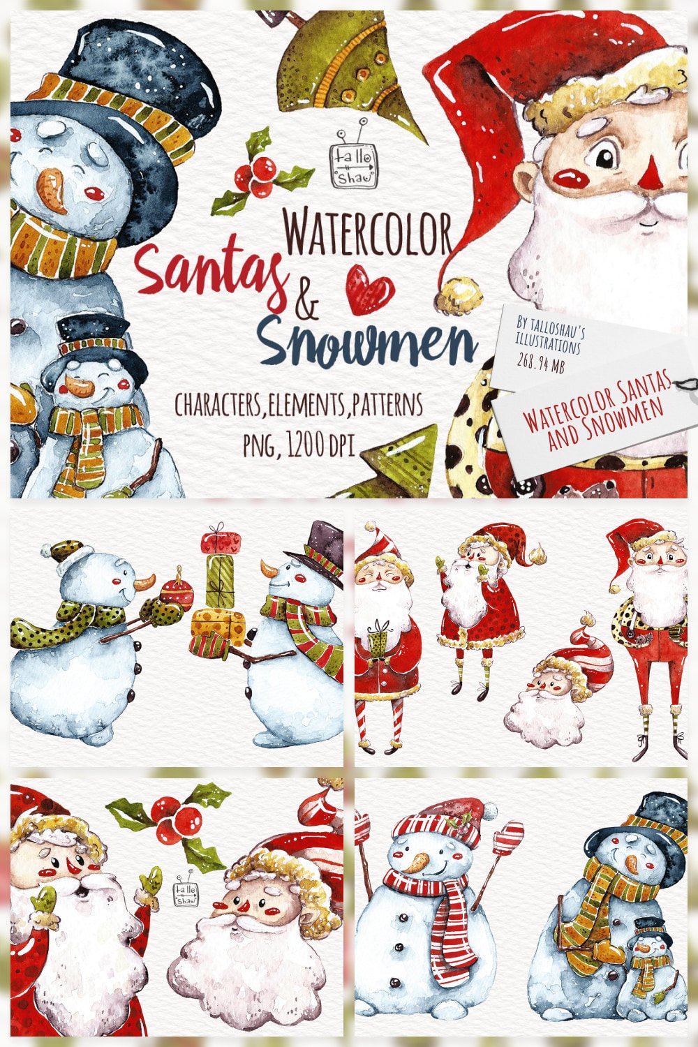 Watercolor Santas and Snowmen Pinterest.