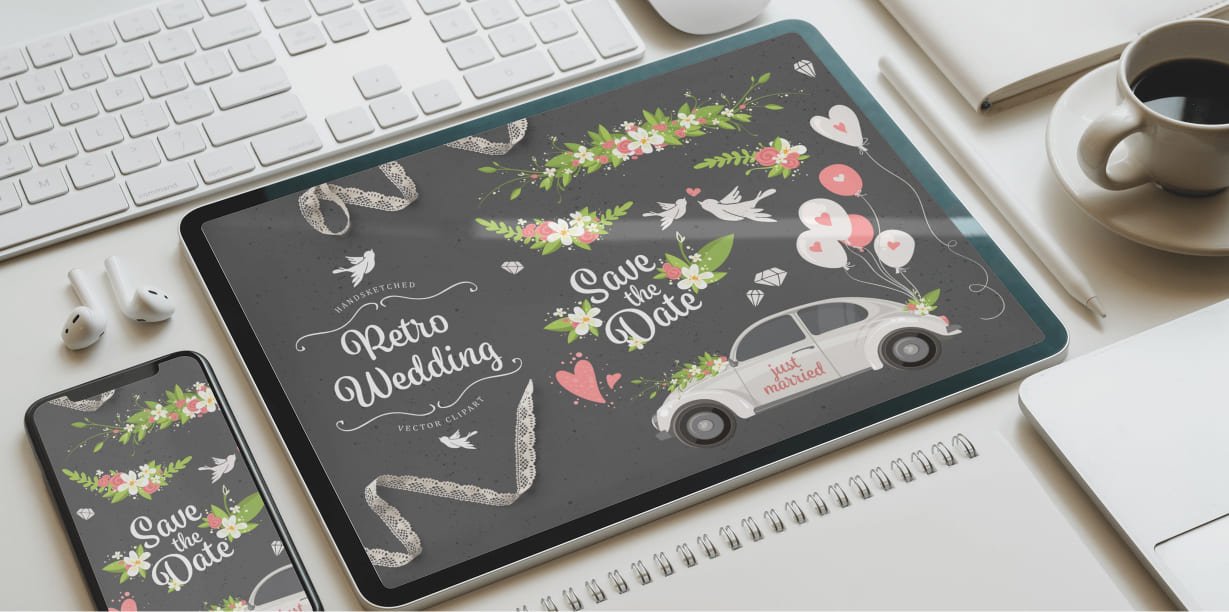 Tablet option of the Retro Wedding Vector Collection.