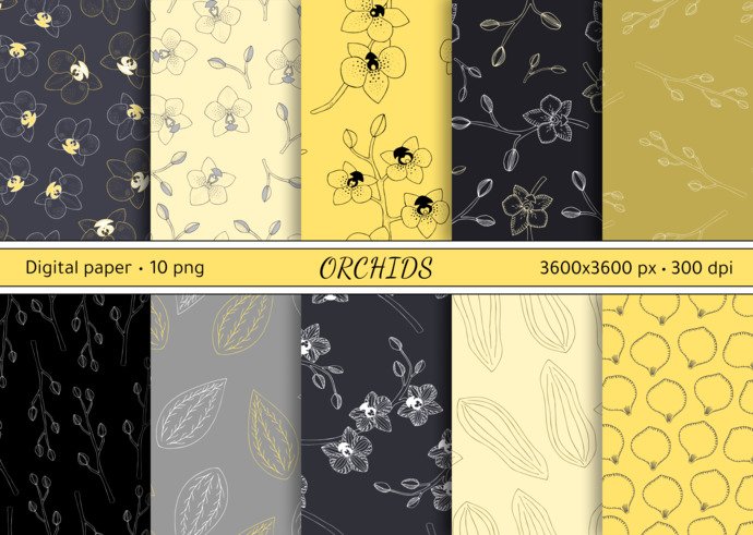 Floral digital paper, orchids digital paper, tropical flowers paper, floral digital paper pack, scrapbook paper in pastel yellow, grey and white tones.