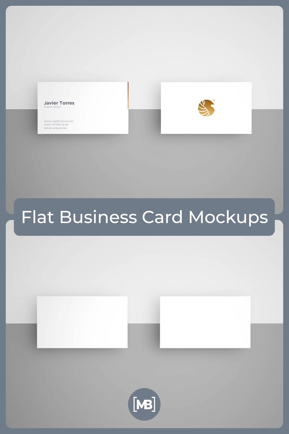 These are light white business cards with a gold logo.