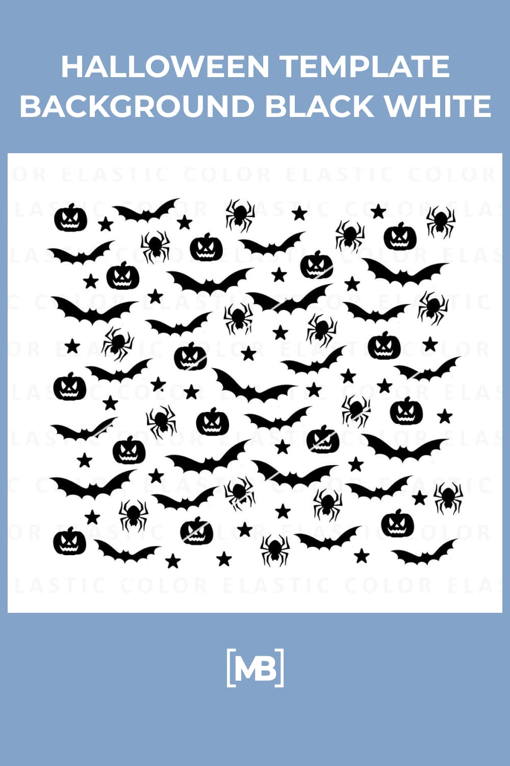 Black silhouettes of bats, pumpkins, stars, spiders on a white background.