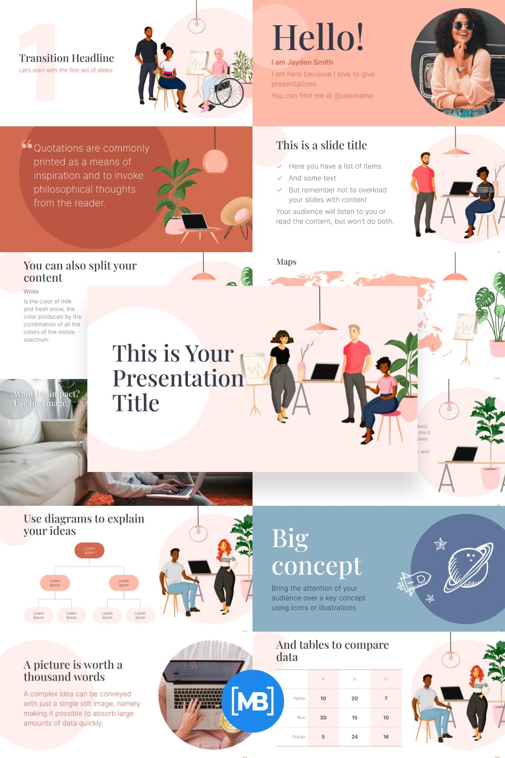 Cool illustrations and soft colors make this template aesthetically pleasing.