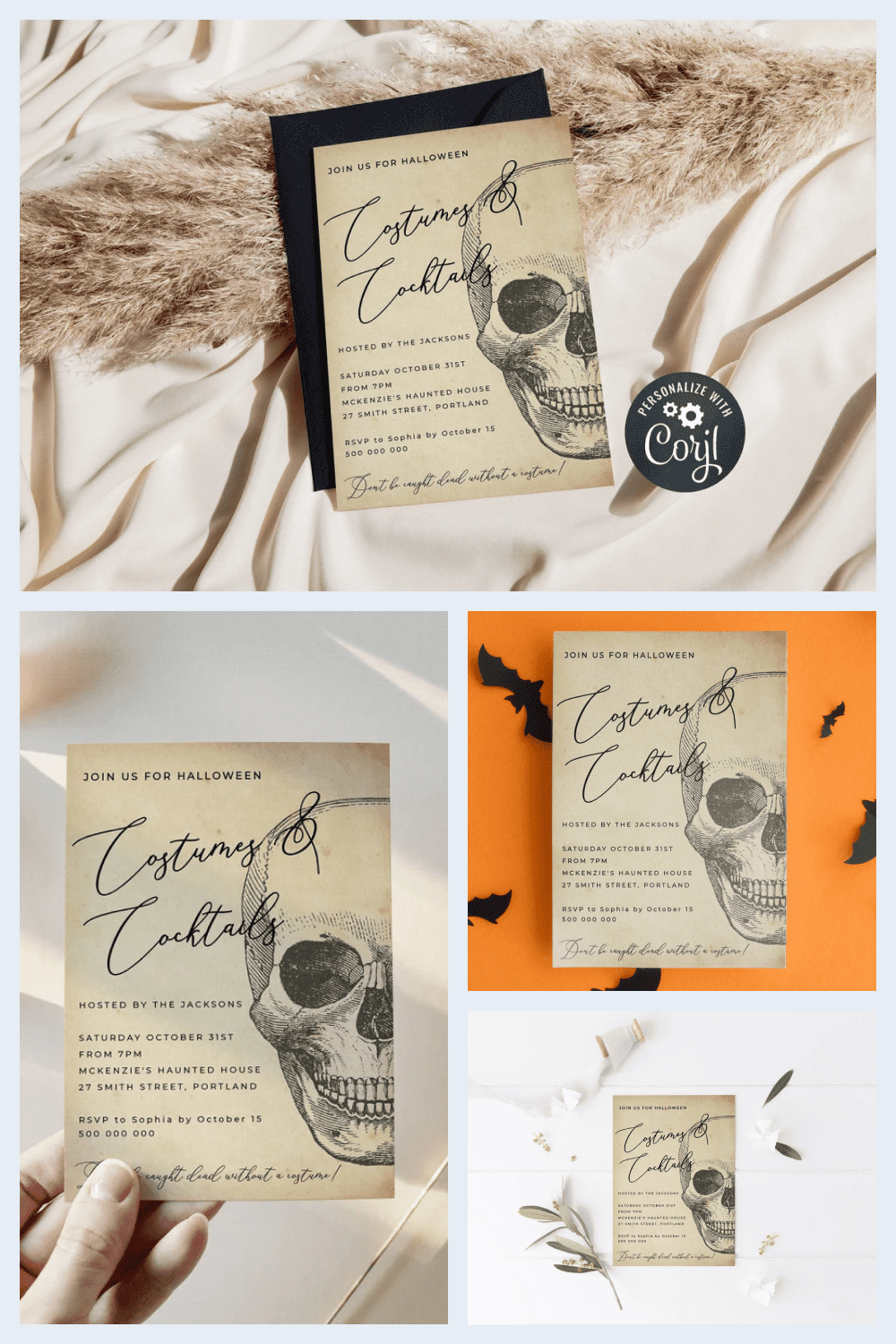 Stylish and beautiful vintage style Halloween invitation with skull.