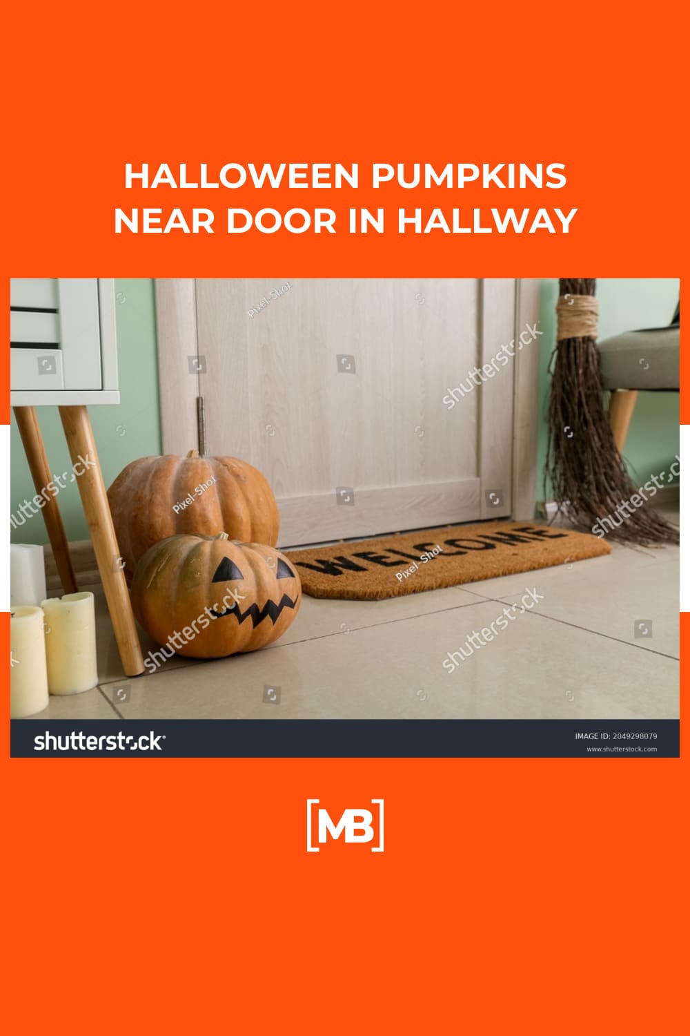 Photo of the bottom of the front door with pumpkins, a rug and a broom near it.