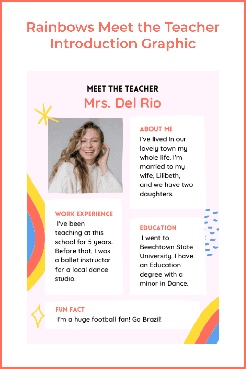 Rainbows meet the teacher introduction graphic.