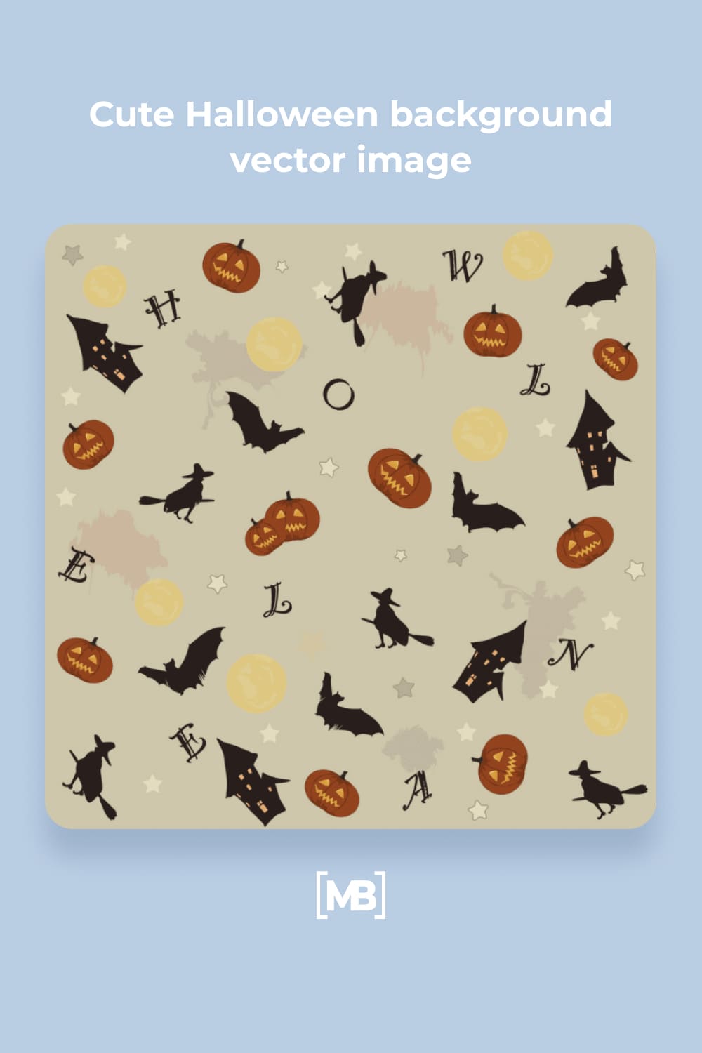 Images of witches, pumpkins, houses, bats on a beige background.