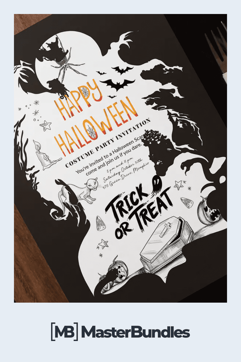 A themed invitation to a Halloween celebration that makes the theme clear at a glance.
