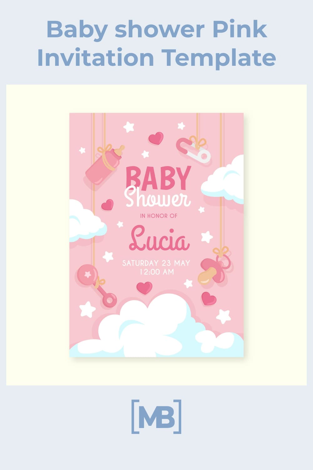 Gentle pink invitation with baby attributes.