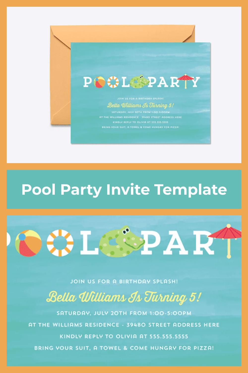 Pool party invitation in turquoise color.