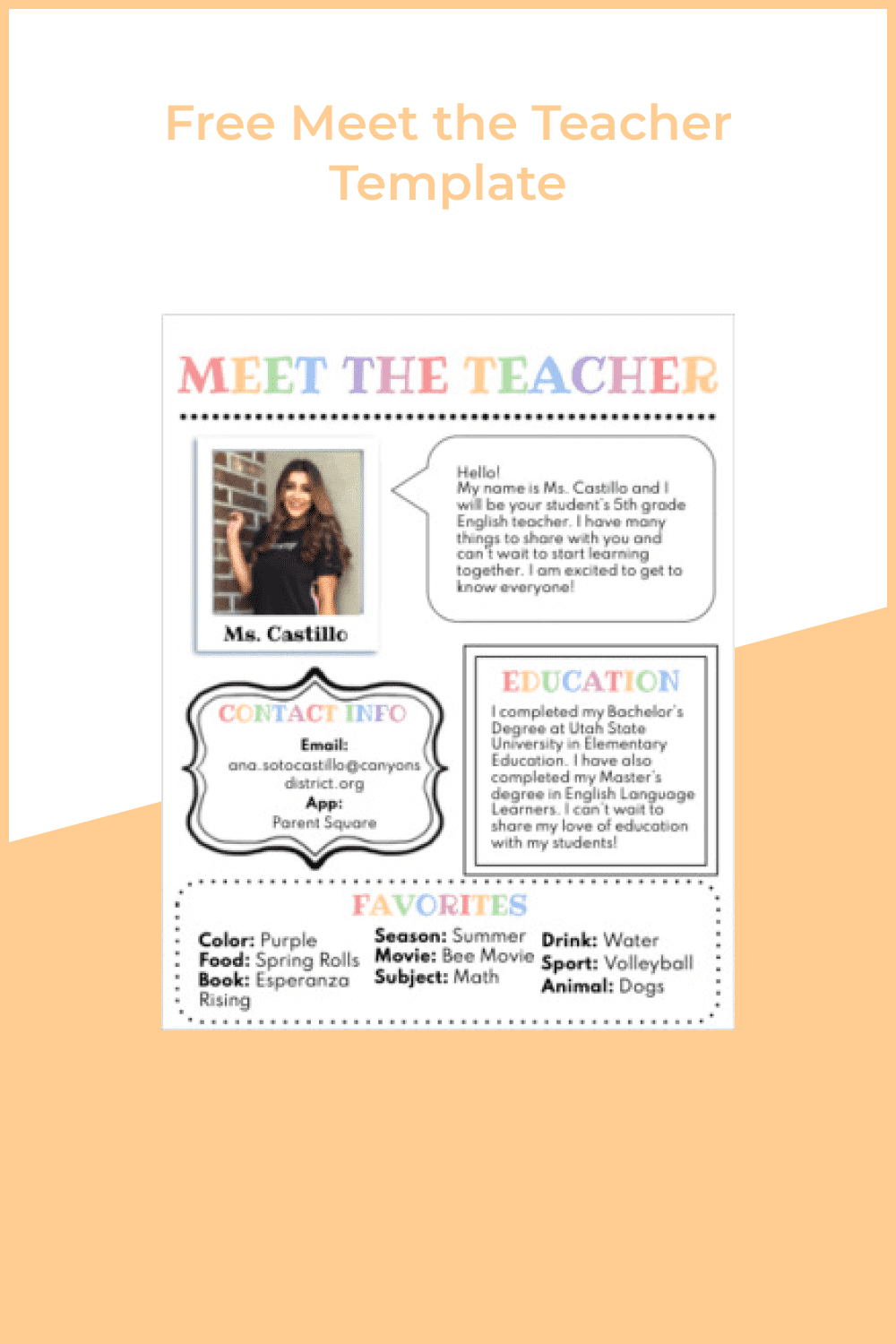 Colorful words on the meet the teacher template.