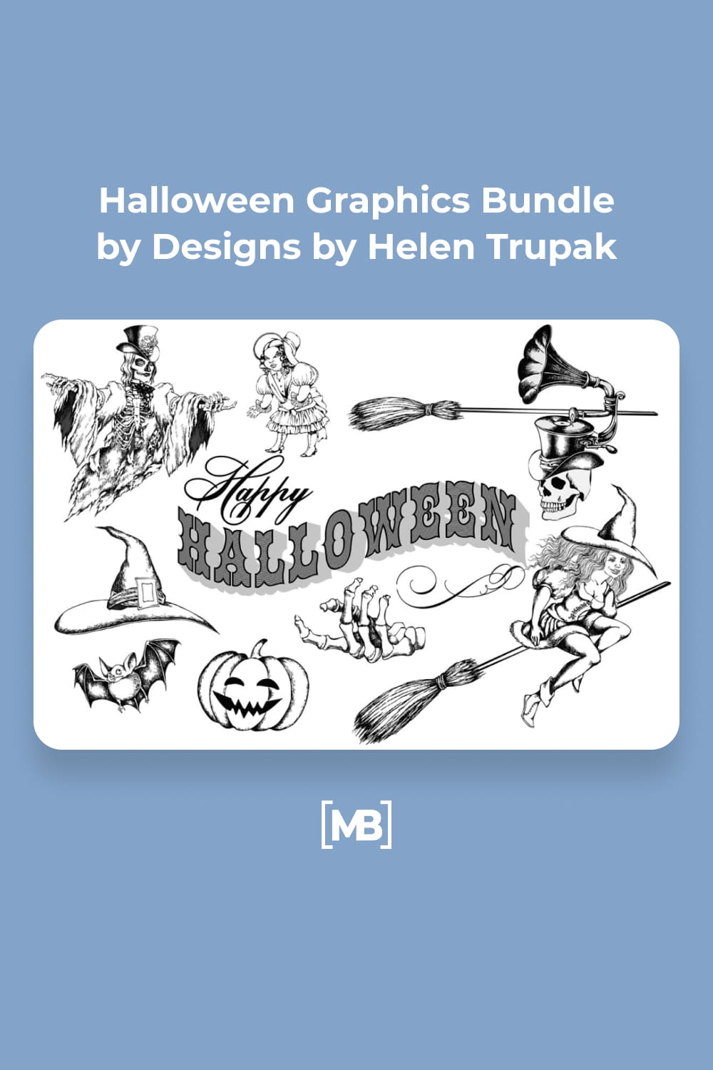 Black and white silhouettes of skeletons, pumpkins, mice, hats, witches on a white background.