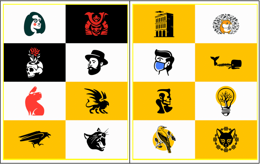 Yellow illustration with the black icons.