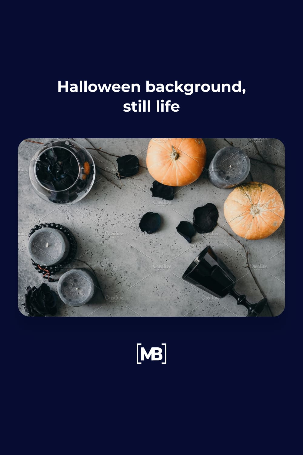 Gray candles, black glass, two pumpkins on a gray table.