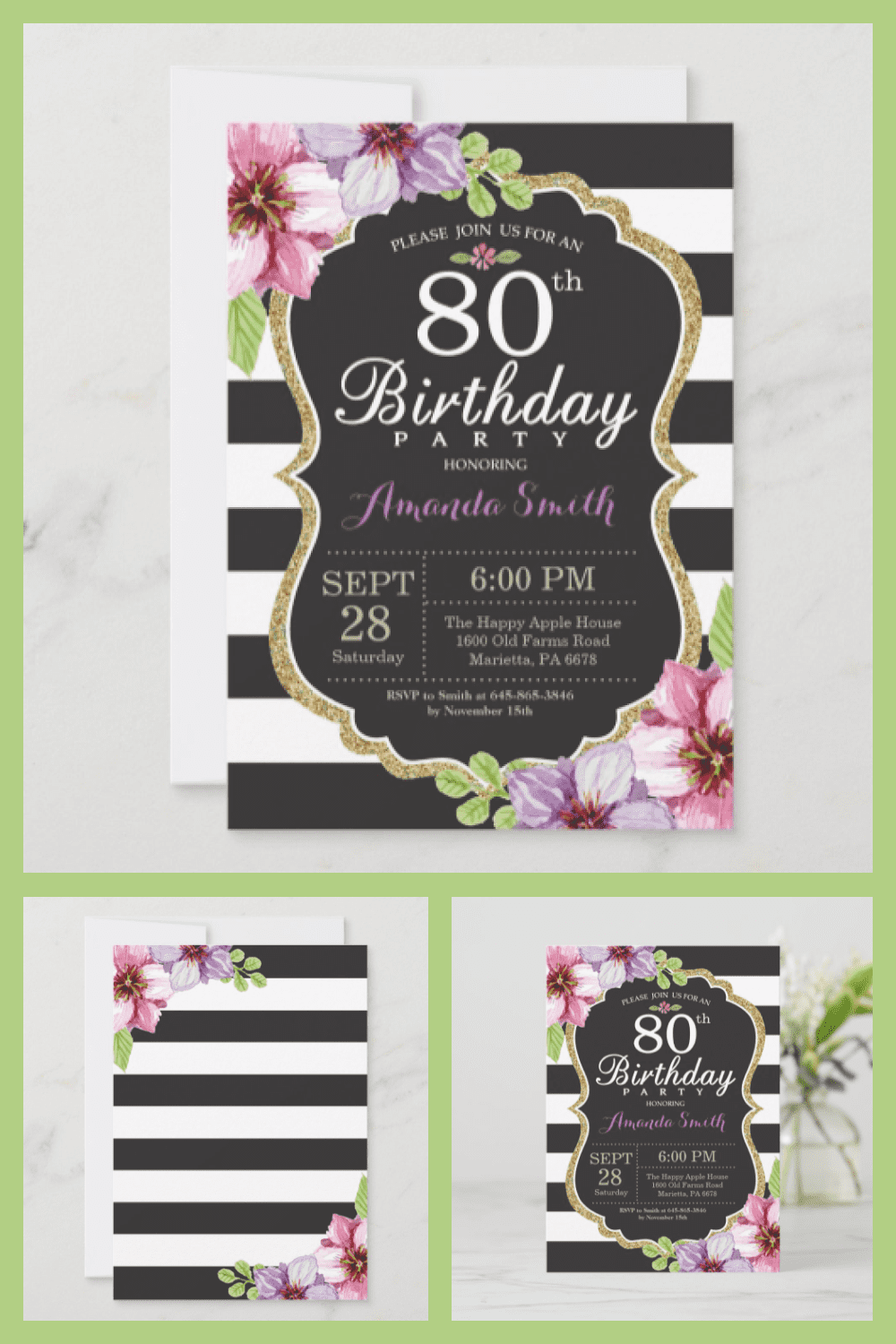 Cute floral 80th birthday invitation.