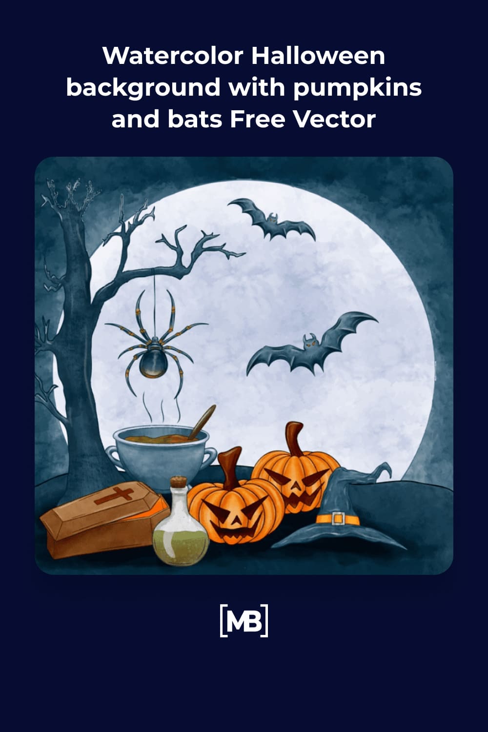 Drawn pumpkins, a coffin, a flask, a cauldron, spiders, bats against the background of a pale moon.