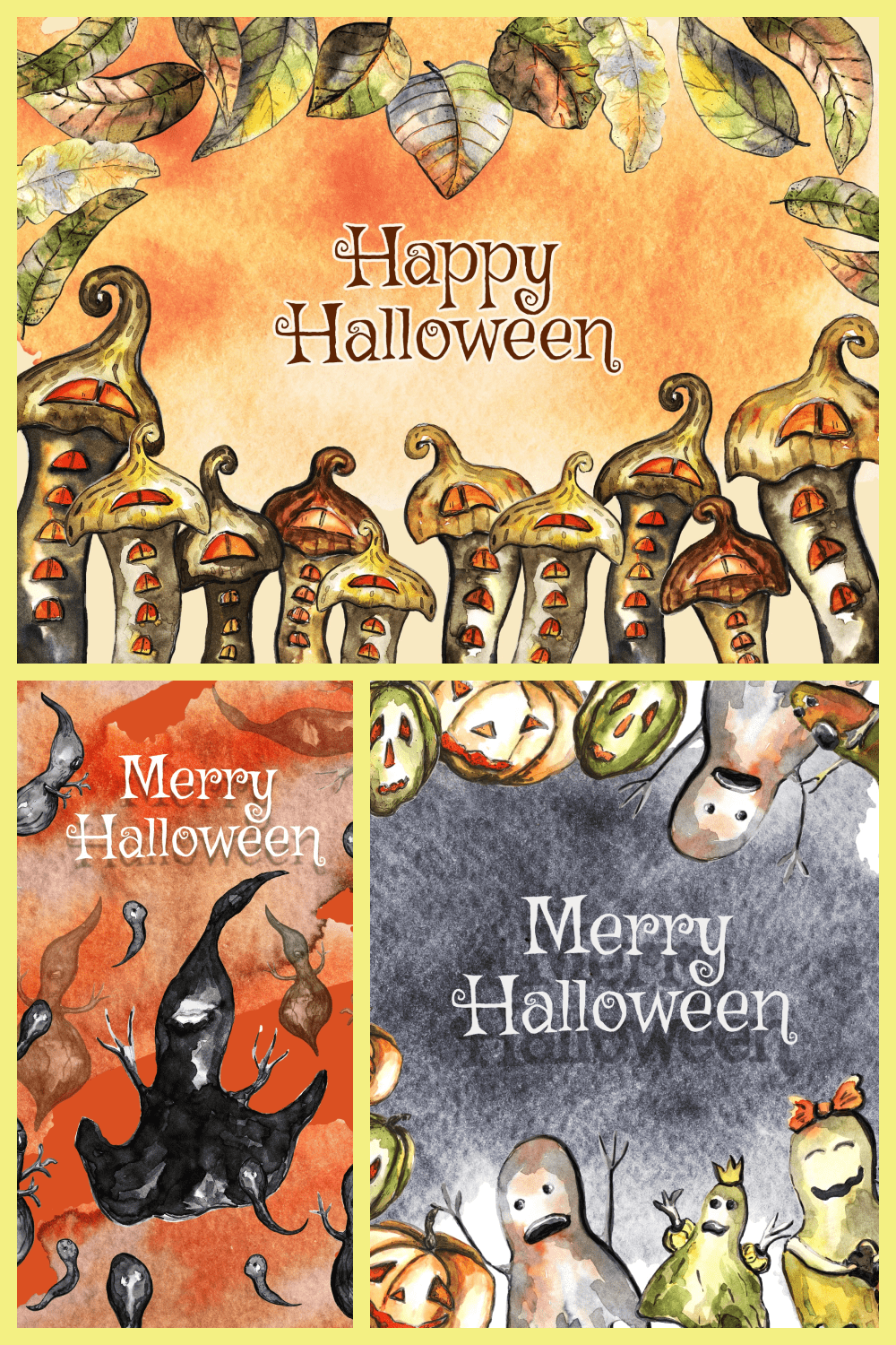 Contemporary and stylish watercolor Halloween illustrations.