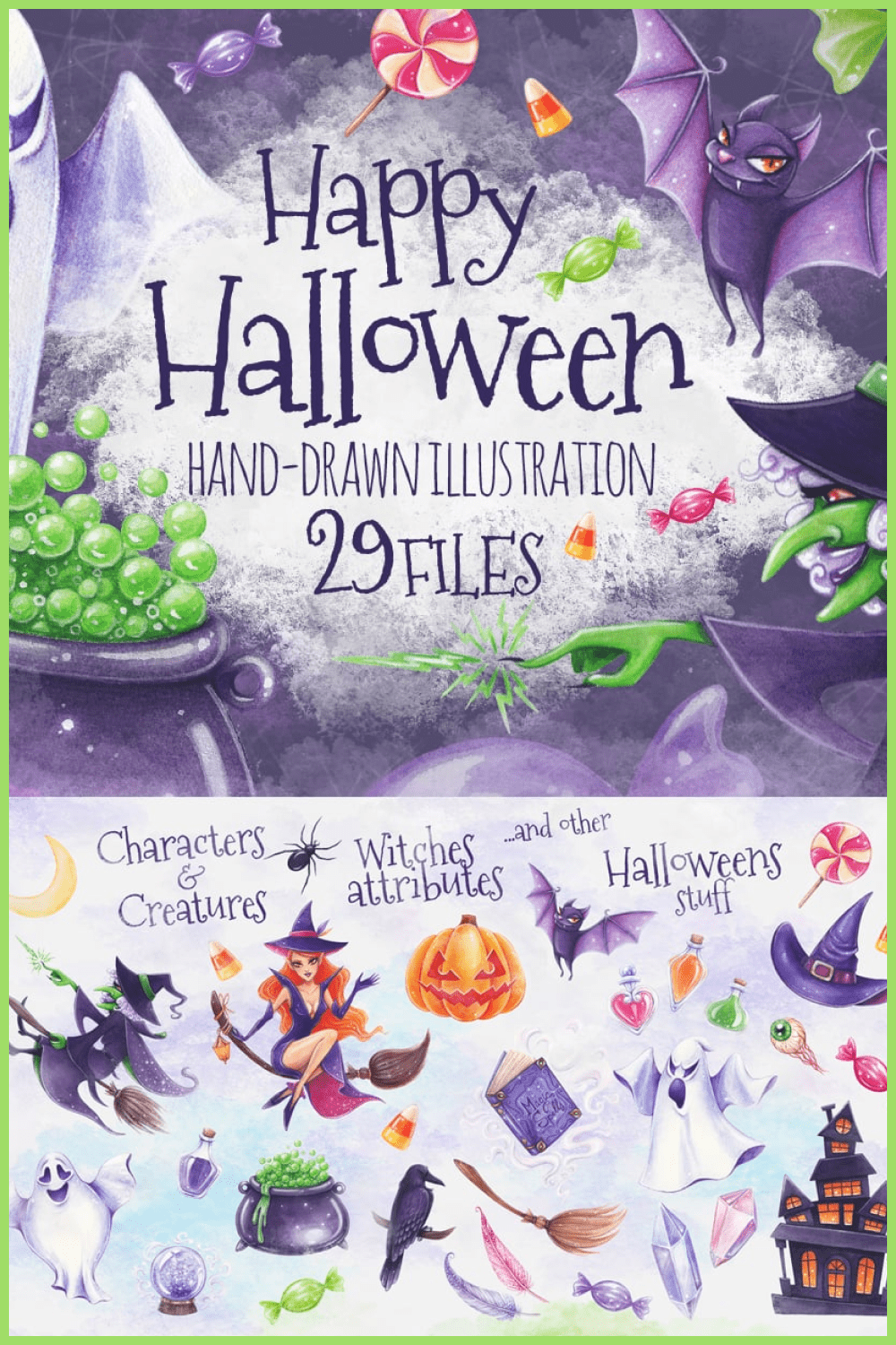 Purple Halloween watercolor illustrations.