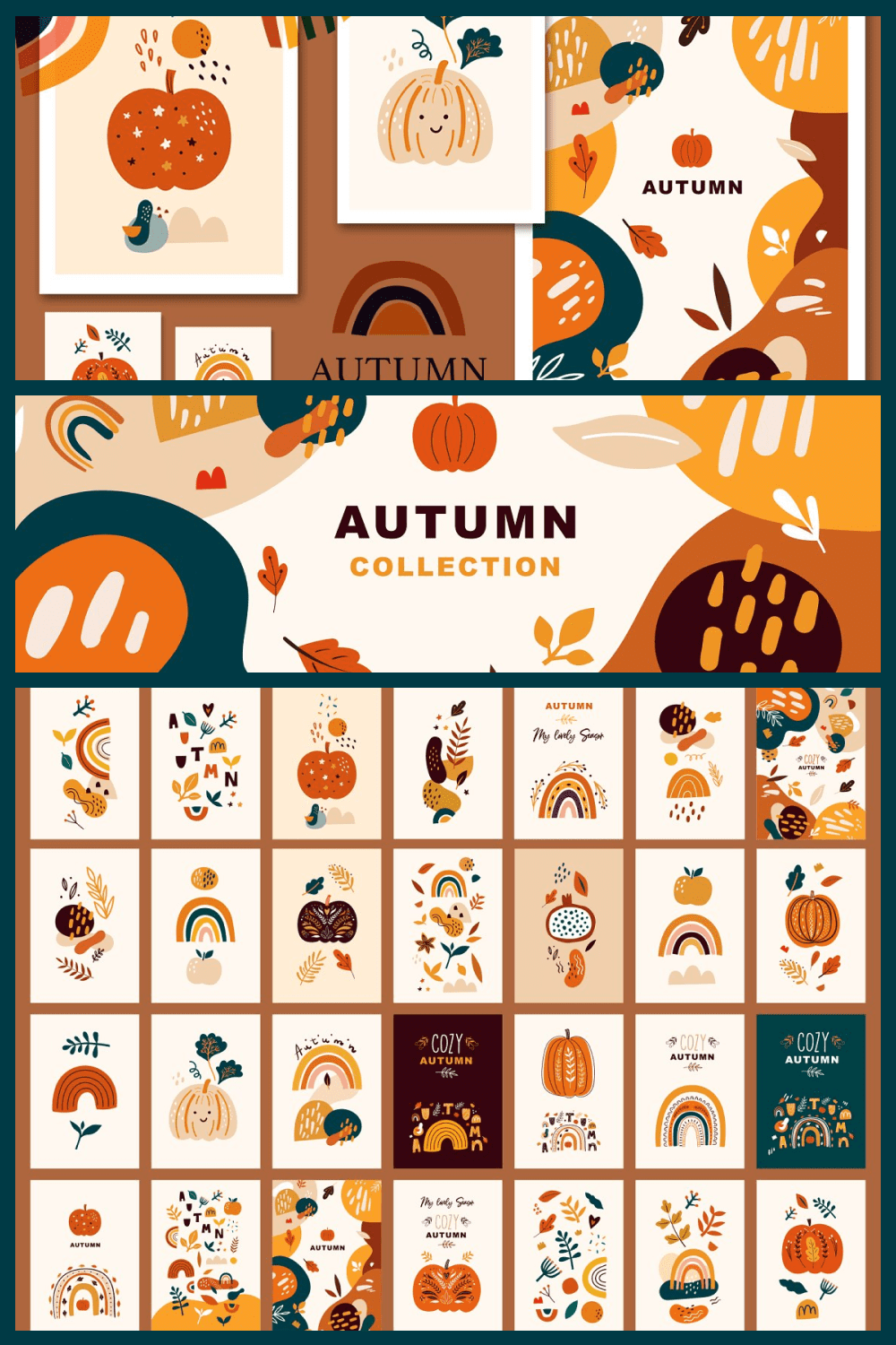 Stylish illustrations in autumn colors with Halloween elements.