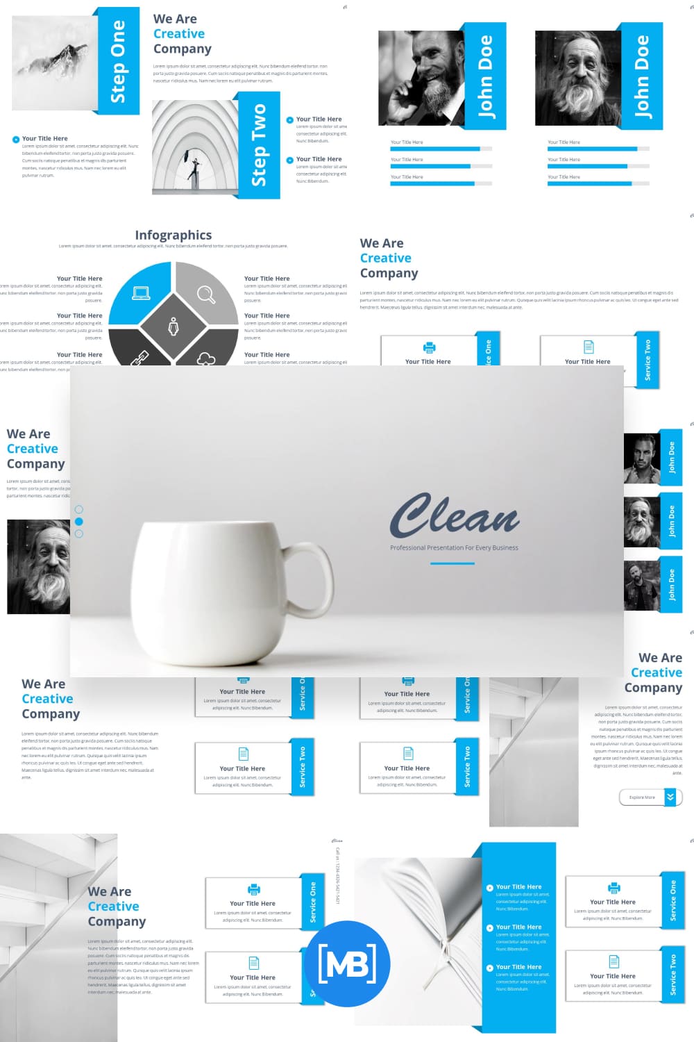Classic template in blue and white with a large collection of infographics.