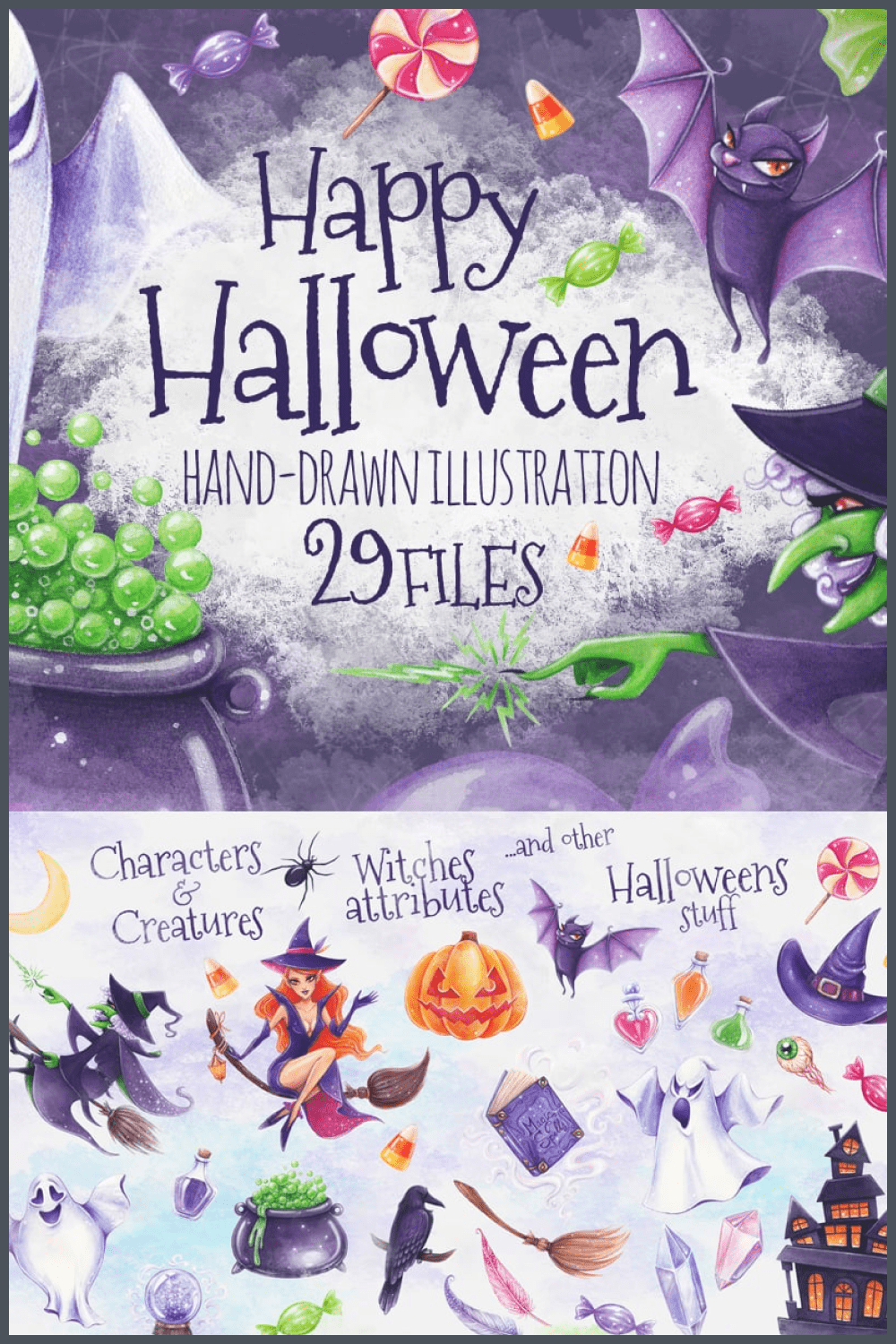 This is a magical set of illustrations for celebrating Halloween.
