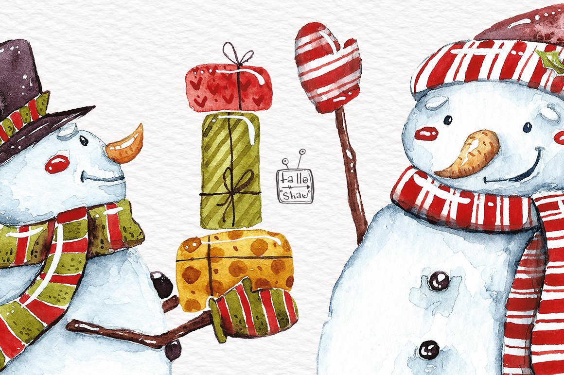 Watercolor snowmen with the gifts.