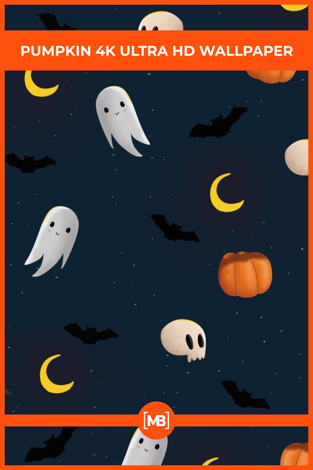 Cute ghosts, skulls, pumpkins, bats on the background of the starry sky.