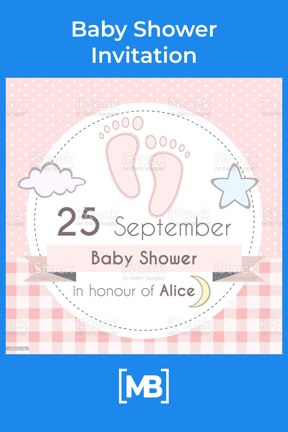 Cute invitation with baby legs and a crescent moon.