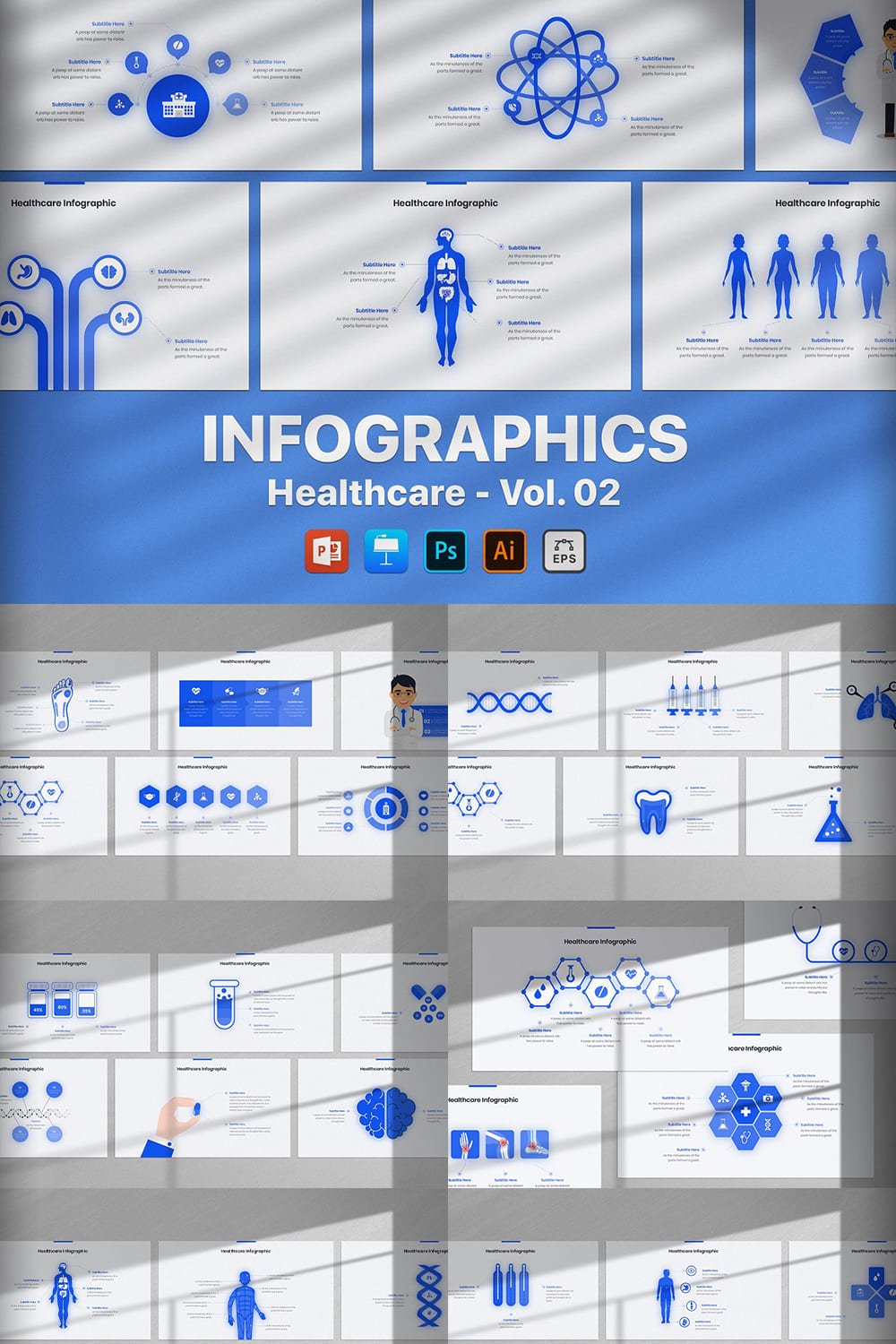 Blue infographics for different areas of medicine.