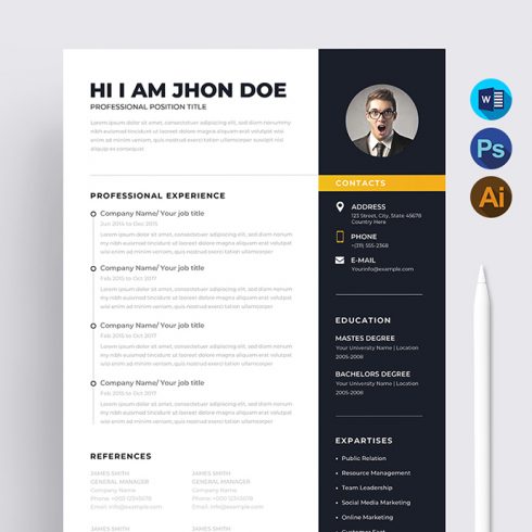 Professional resume template with a yellow stripe.