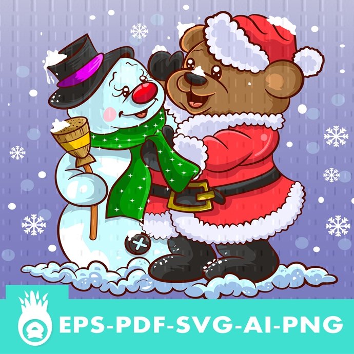 Teddy bear decorating his snowman for Christmas. vector illustration art 1
