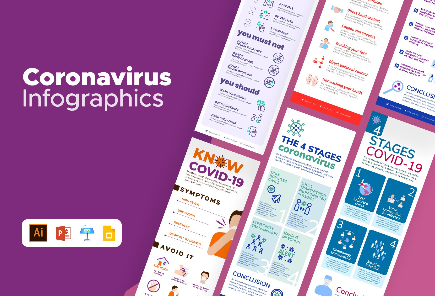 It contains different and colorful infographics for covid topic.