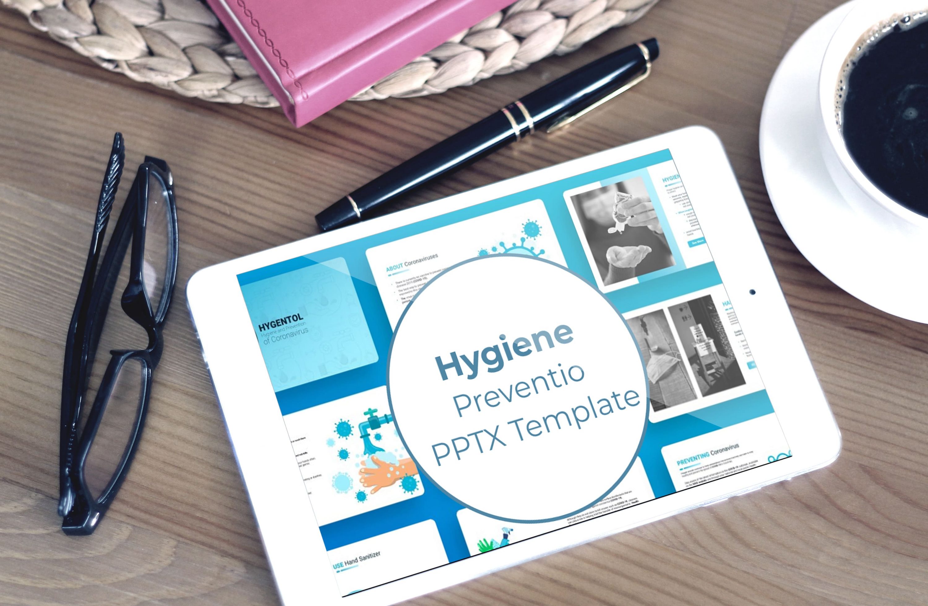 Tablet option of the Hygiene Prevention PPTX Template.