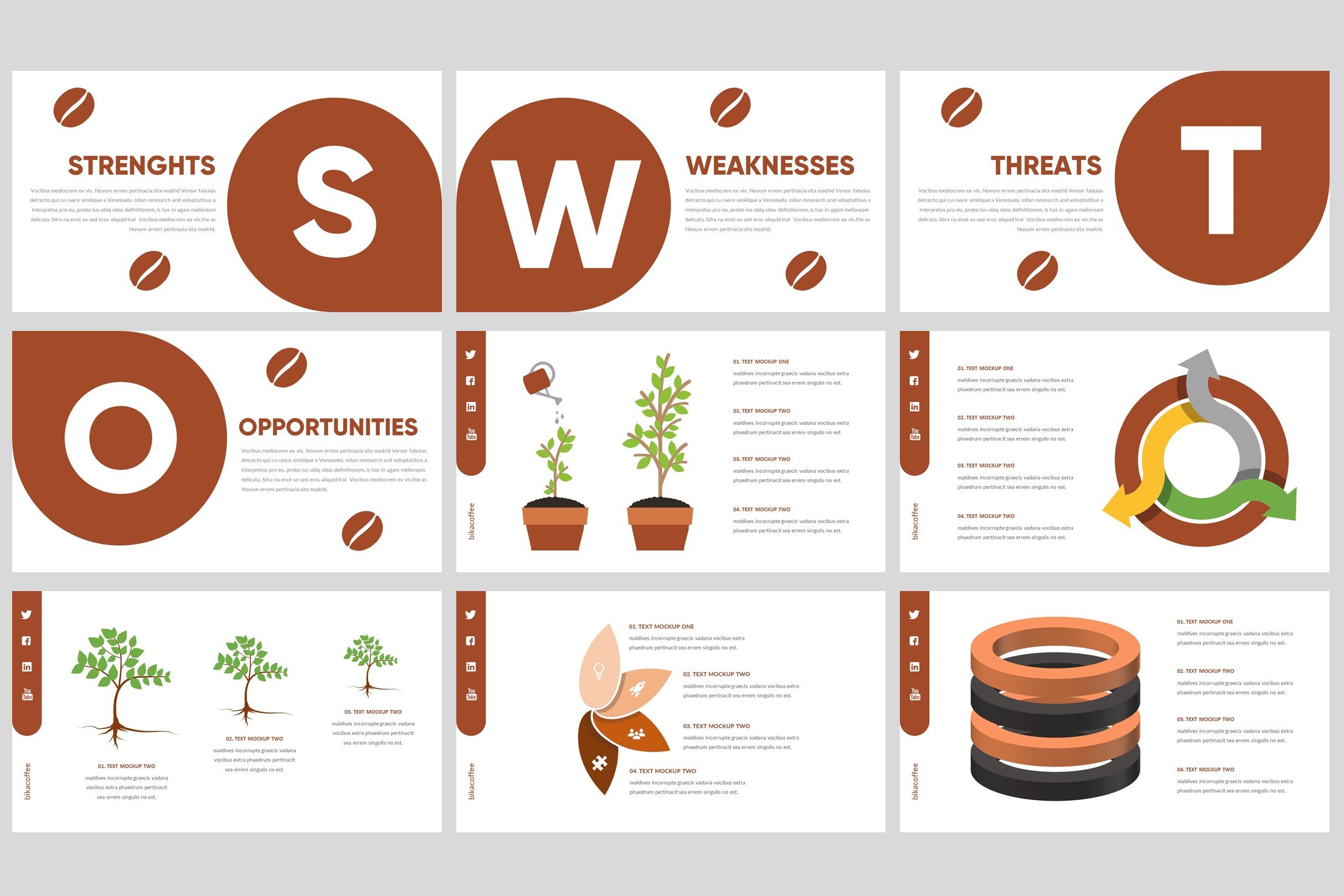 The template is tailored for marketing and offers the use of swot analysis.