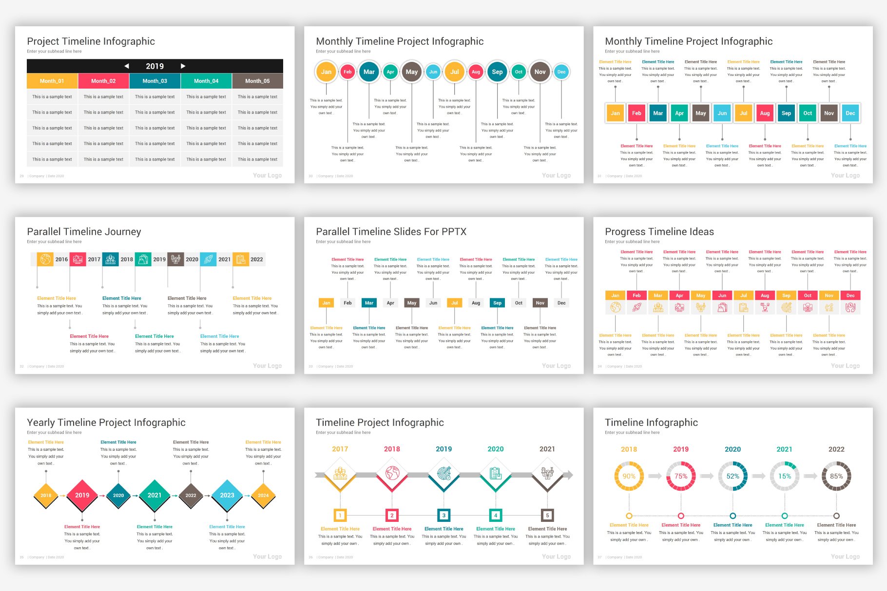 Template contains a lot of infographics and tables in the different colors and style.