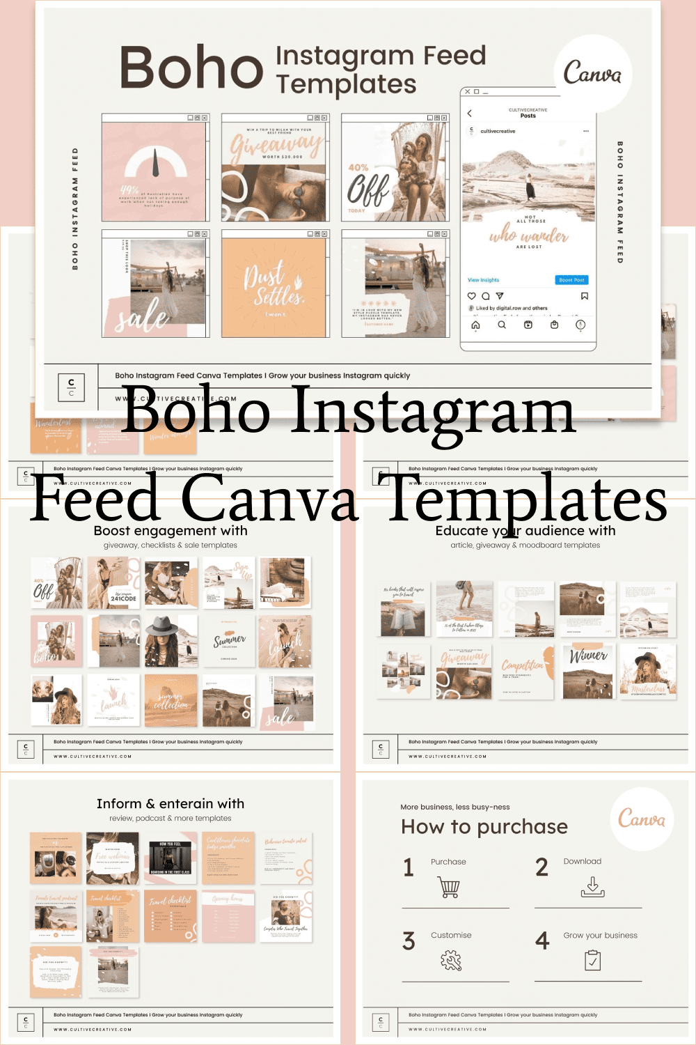Boho Instagram Feed Canva Templates - Pinterest.