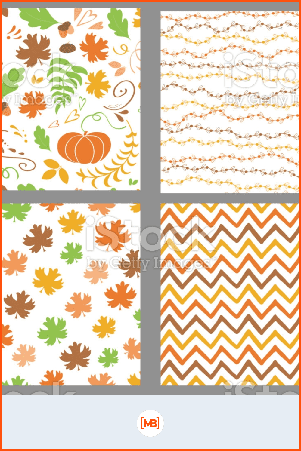 Autumn seamless patterns set Fall thanksgiving seamless background Pumpkin, maple leaf Geometric stock illustration.