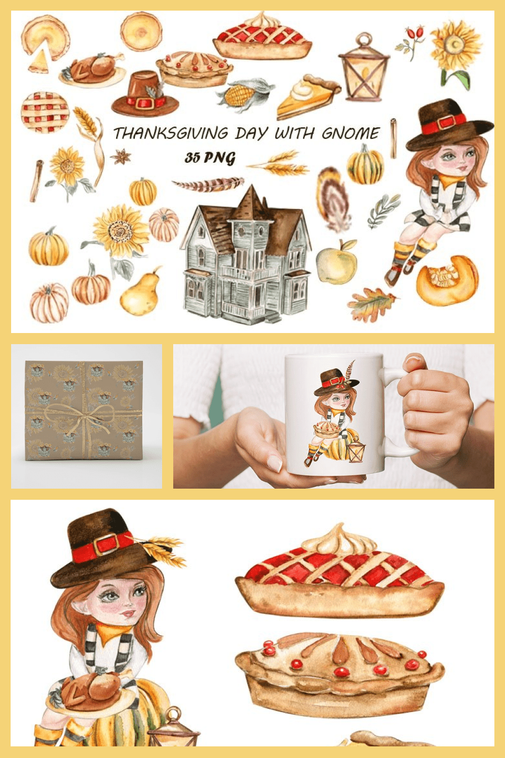 Thanksgiving day with girl-gnom watercolor clipart.