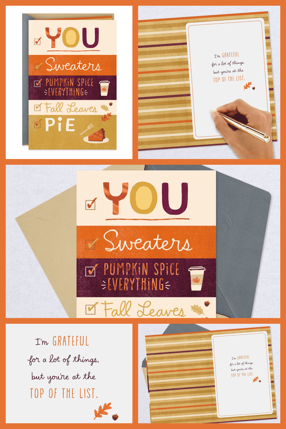 Grateful for you, sweaters and pumpkin spice thanksgiving card.