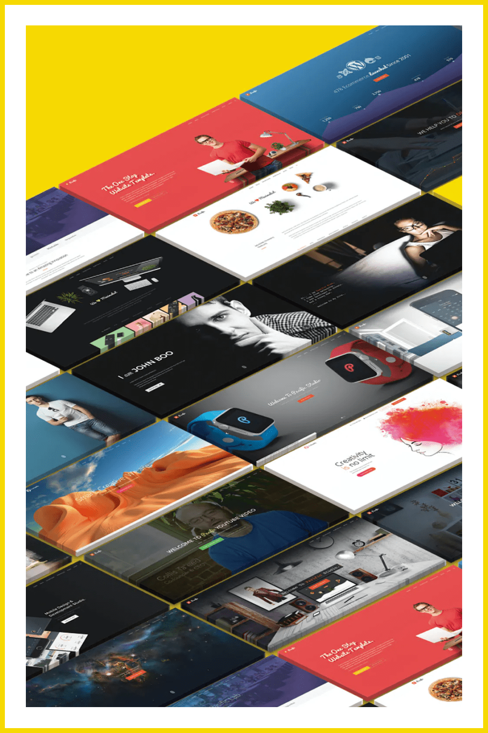 Colorful Multipurpose Landing Page Templates on Yellow Background.