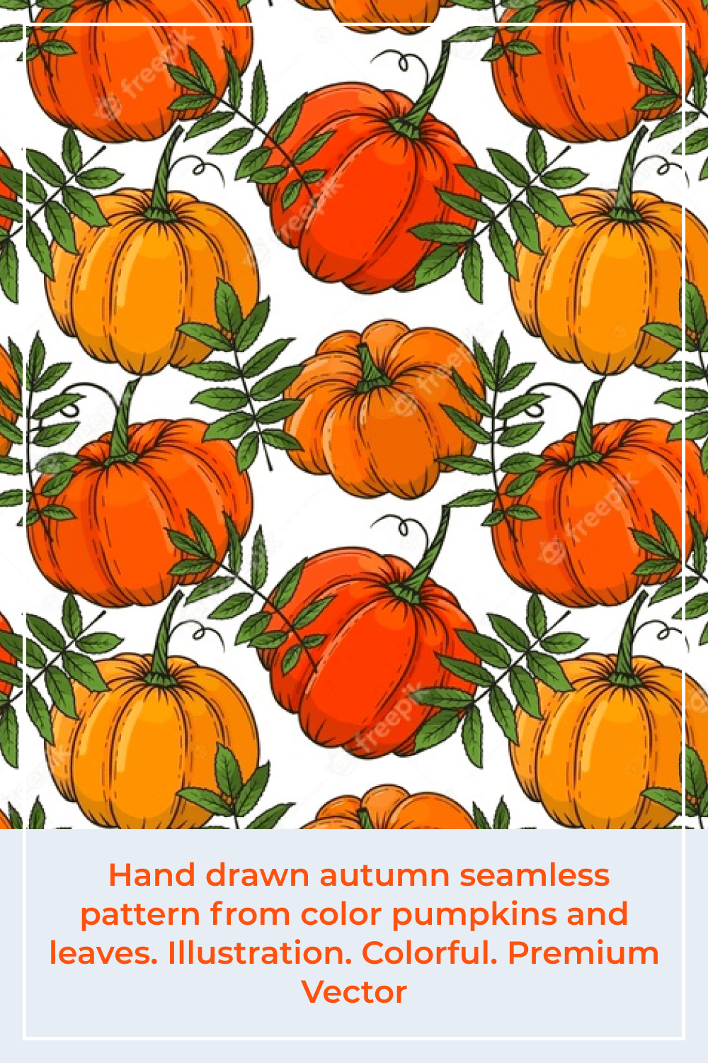 Hand drawn autumn seamless pattern from color pumpkins and leaves.