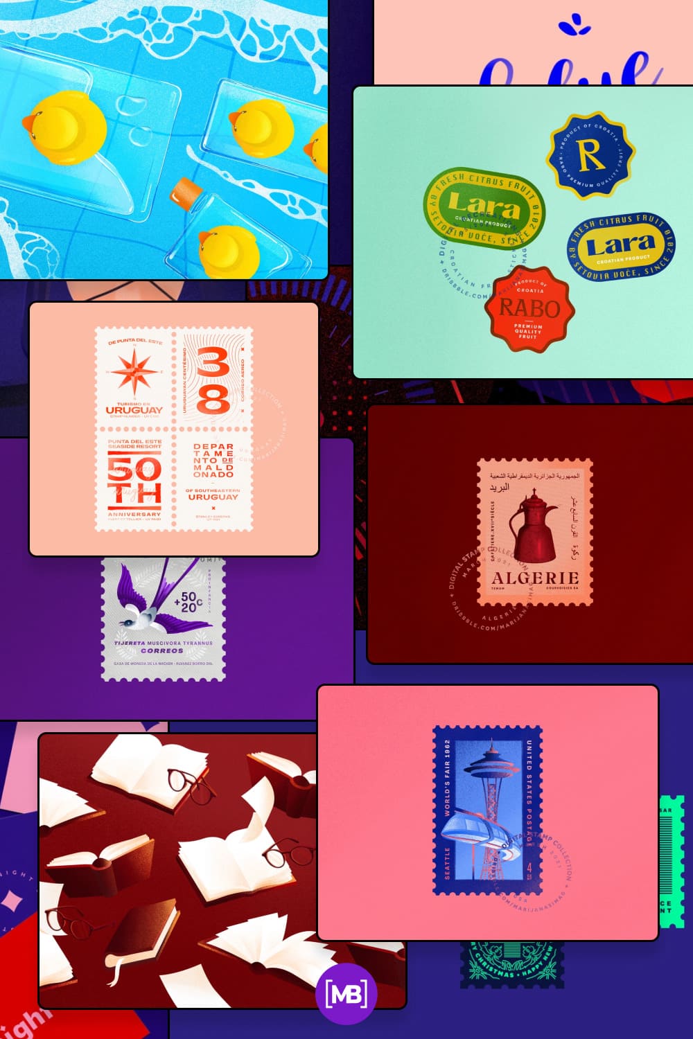 Super cool design with a creative idea - each illustration is presented in the style of a letter stamp.