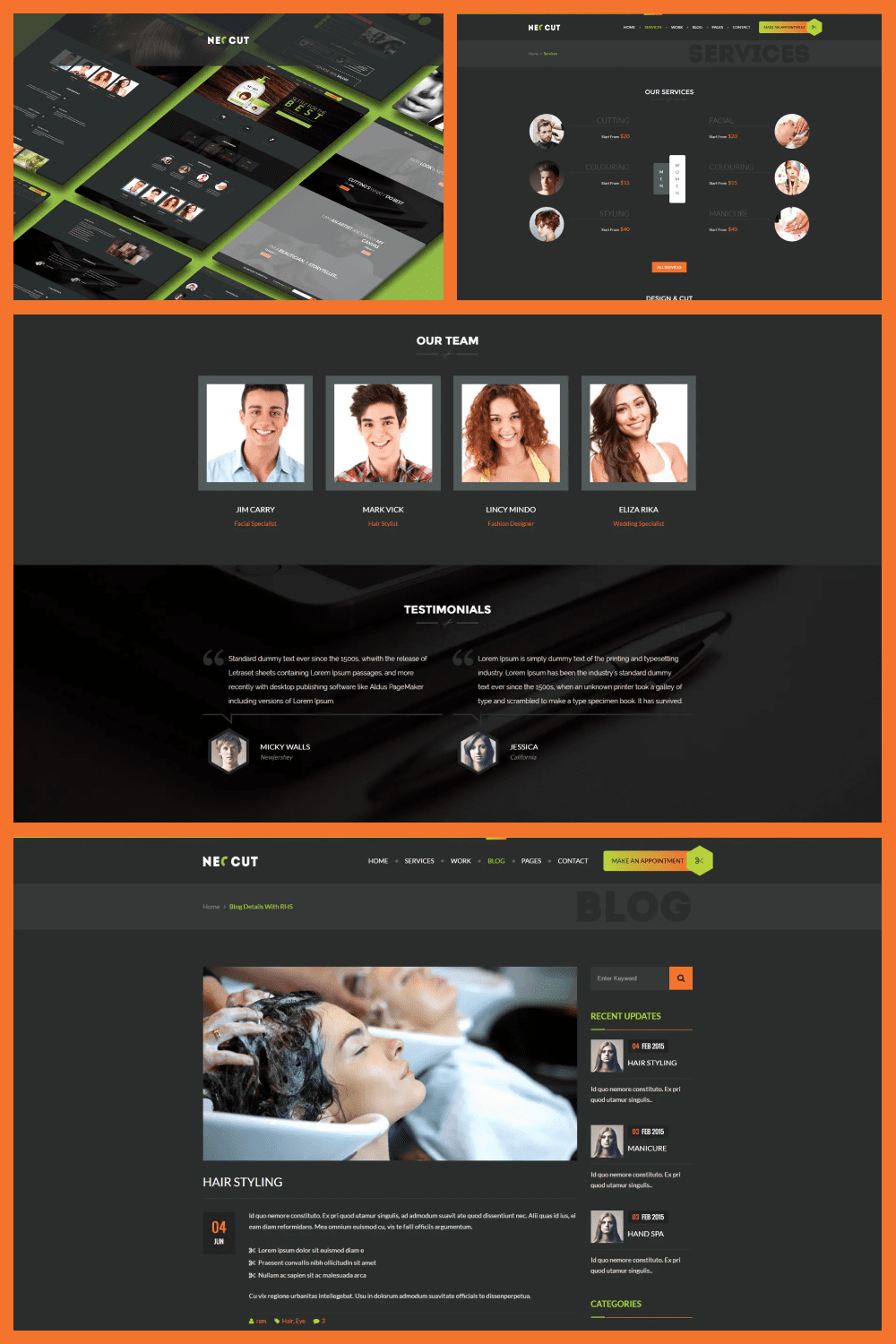 Black Landing page with Photos of People and Woman in Beauty Salon.