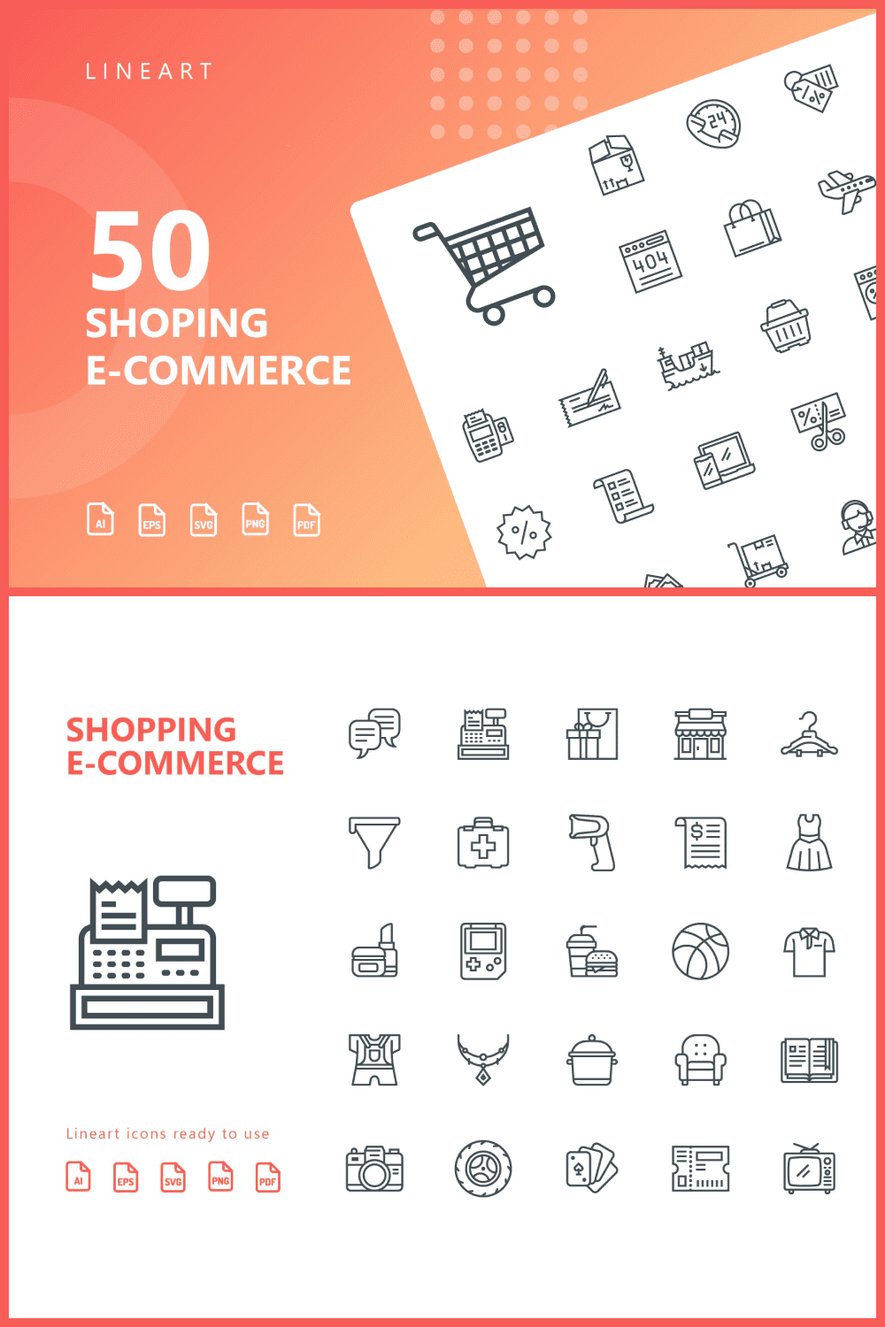 50 eCommerce Shaped Icons on White Background.